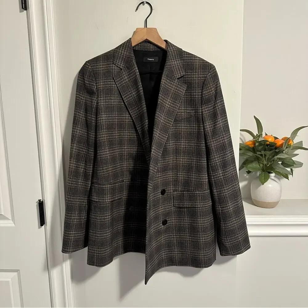 Theory Gray Plaid Wool Double Breasted Blazer Jacket 8